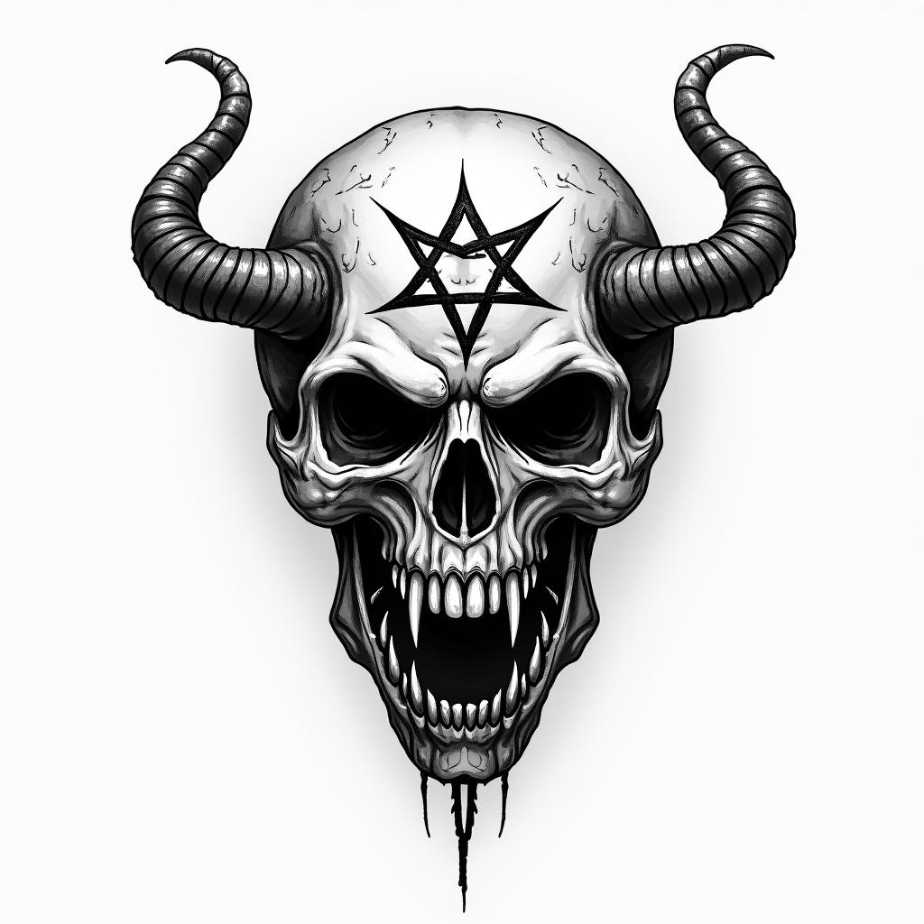 Nordic writingcreepy horror tattoo style, featuring an eerie and unsettling skull of a demonic creature, distorted face with sharp fangs, add pentagram symbol
