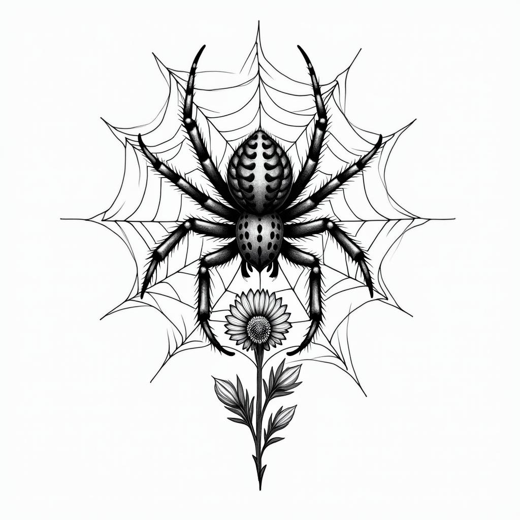 Small spider on web with flowers with stemin ornamental tattoo style, featuring intricate symmetrical patterns and floral designs, showcasing highly detailed line work and geometric shapes, creating a sense of elegance and balance - Variation 2