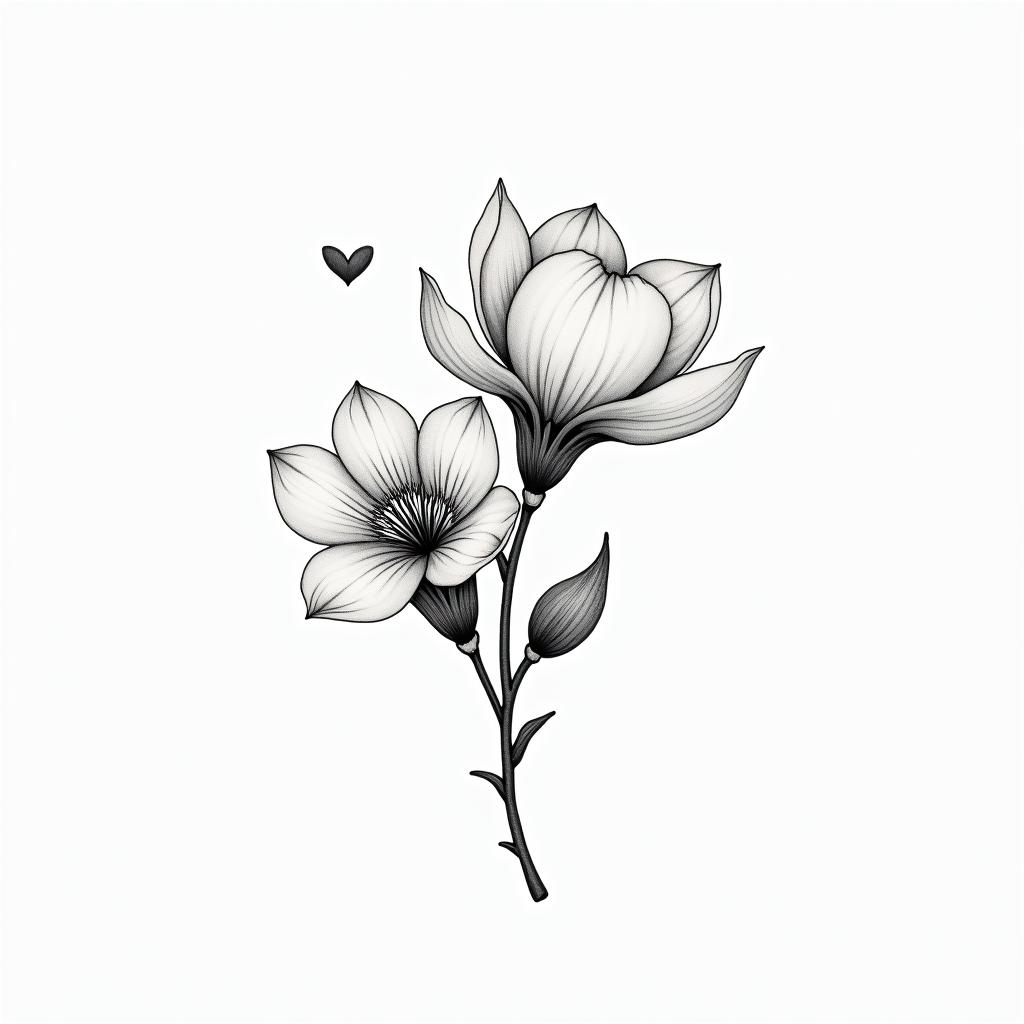 Magnoliasin Modest style tattoo, featuring soft, delicate line work with simple and meaningful symbols, gentle waves, a heart, evoking a sense of serenity and grace,