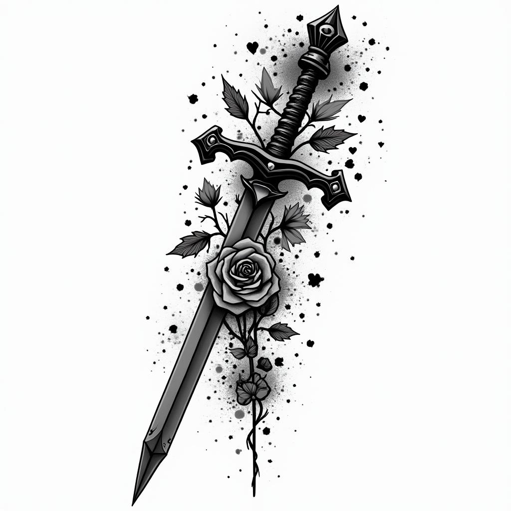 Sword with rosein graffiti style tattoo, featuring bold and dynamic street art elements, spray-paint texture with exaggerated lines and expressive, chaotic brushstrokes, intricate lettering incorporated with graffiti tags, symbols like hearts, stars, and wings - Variation 11