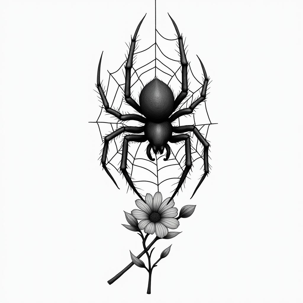 Small spider on web with flowers with stemhigly detailed tattoo - Variation 9