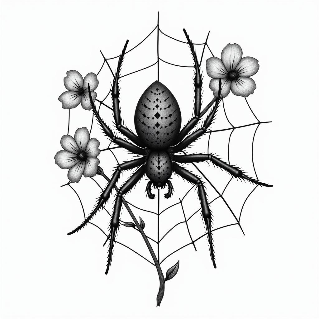 Small spider on web with flowers with stemhigly detailed tattoo - Variation 12