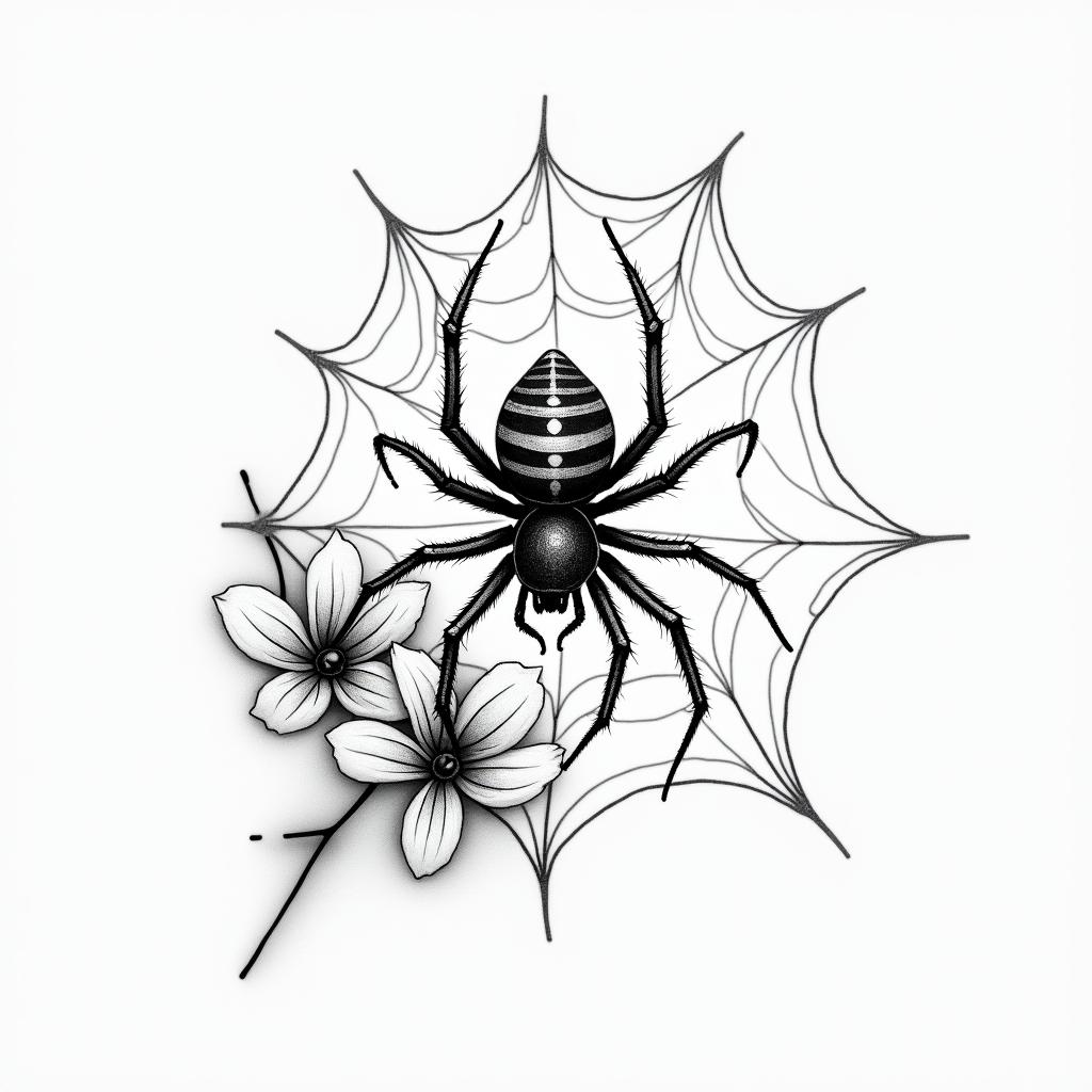 Small spider on web with flowers with stemhigly detailed tattoo - Variation 11