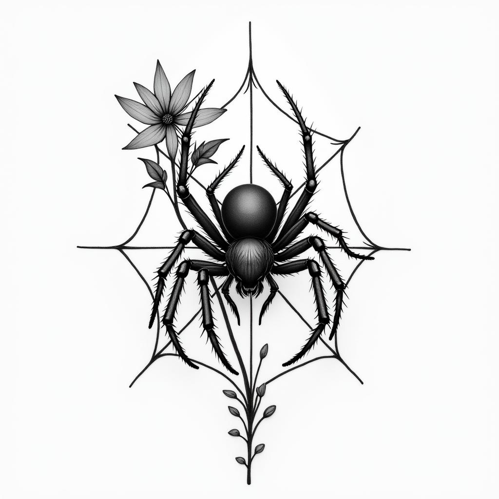 Small spider on web with flowers with stemhigly detailed tattoo - Variation 10