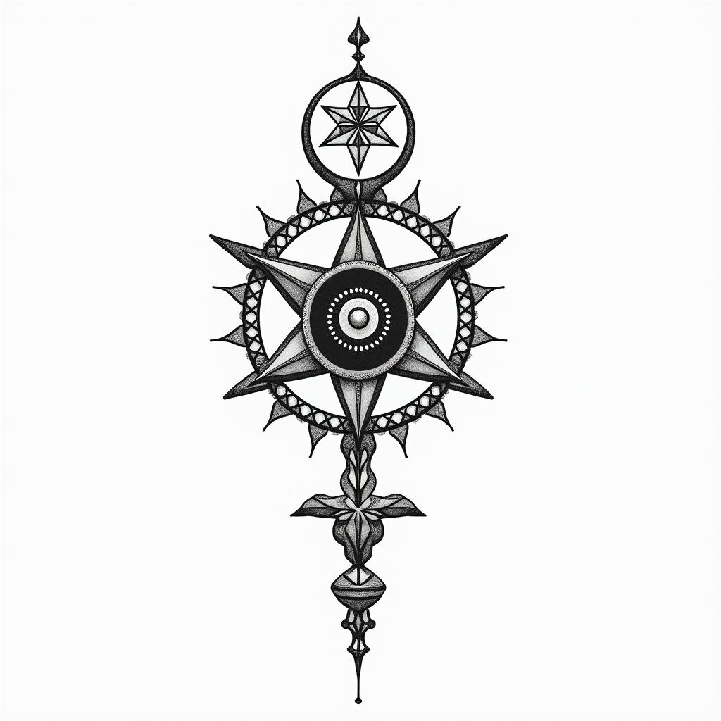 Design an abstract numerical tattoo incorporating 1951, 1974, & 1978in spiritual symbols tattoo style, featuring an intricate design incorporating elements, Hamsa hand, third eye, minimalist composition
