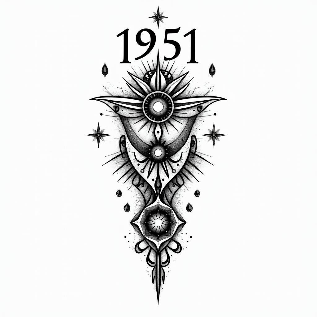 Design an abstract numerical tattoo incorporating 1951, 1974, & 1978in spiritual symbols tattoo style, featuring an intricate design incorporating elements, Hamsa hand, third eye, minimalist composition - Variation 2