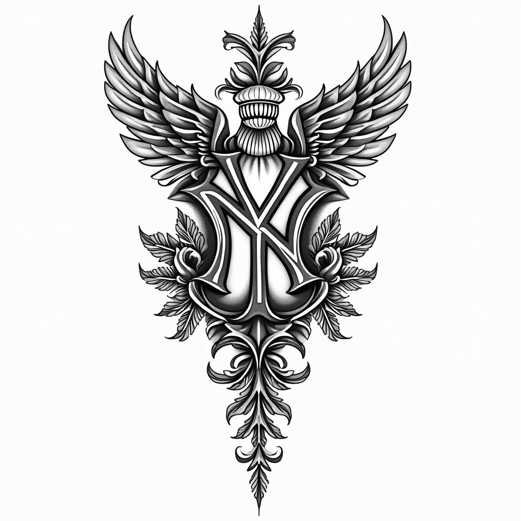 New York Yankees emblemin ornamental tattoo style, featuring intricate symmetrical patterns and floral designs, showcasing highly detailed line work and geometric shapes, creating a sense of elegance and balance - Variation 2