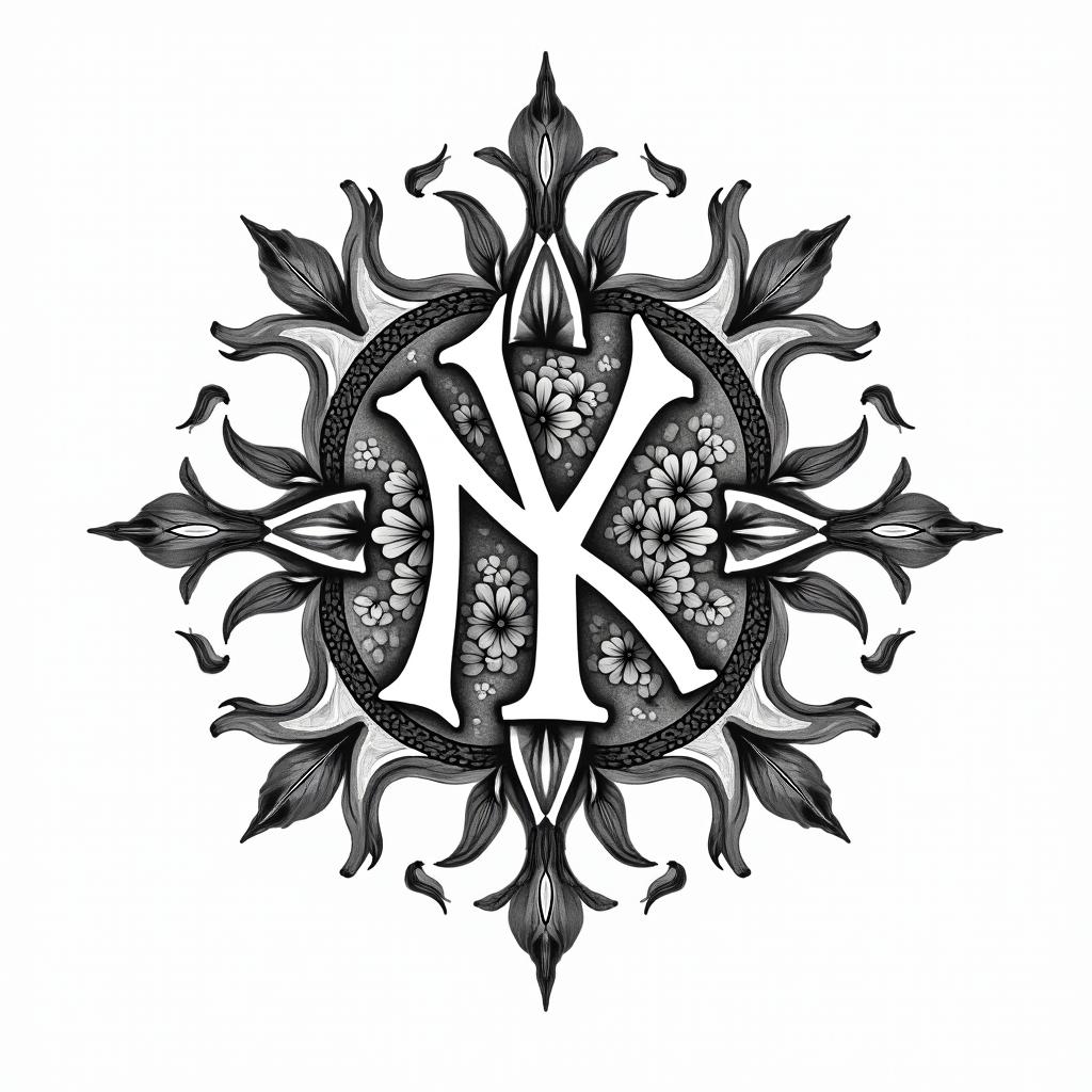 New York Yankees emblemin ornamental tattoo style, featuring intricate symmetrical patterns and floral designs, showcasing highly detailed line work and geometric shapes, creating a sense of elegance and balance