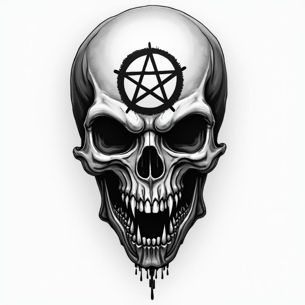 Ryne, aries, nashvillecreepy horror tattoo style, featuring an eerie and unsettling skull of a demonic creature, distorted face with sharp fangs, add pentagram symbol - Variation 2