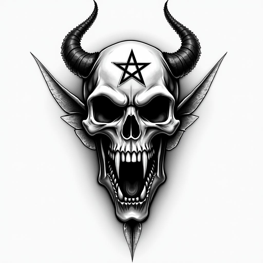 Ryne, aries, nashvillecreepy horror tattoo style, featuring an eerie and unsettling skull of a demonic creature, distorted face with sharp fangs, add pentagram symbol