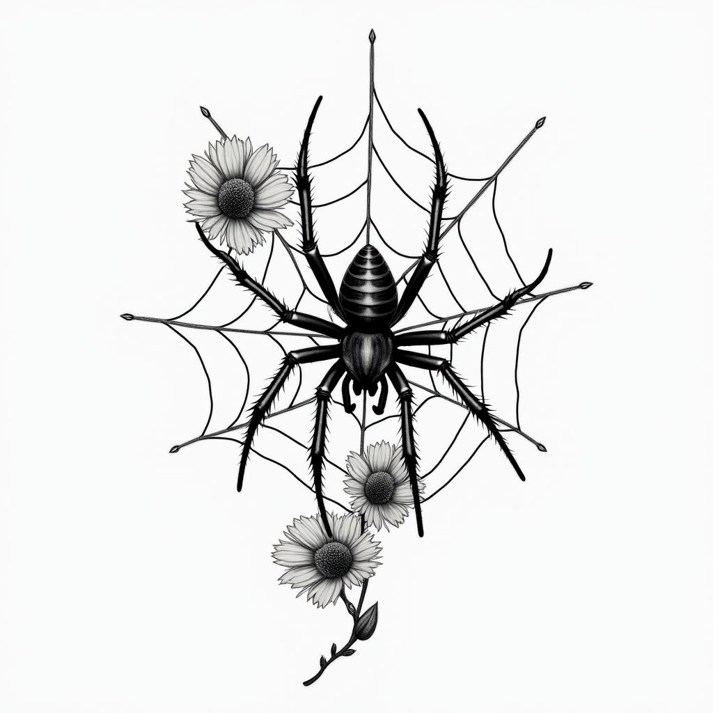 Small spider on web with flowers with stemhigly detailed tattoo - Variation 8