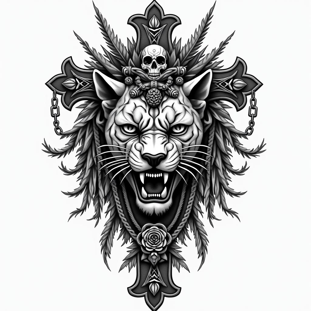 Aztec warrior jaguarin chicano style tattoo, featuring intricate black and grey shading, bold elements of traditional chicano culture symbols, add a big cross with skull, chains and roses - Variation 2