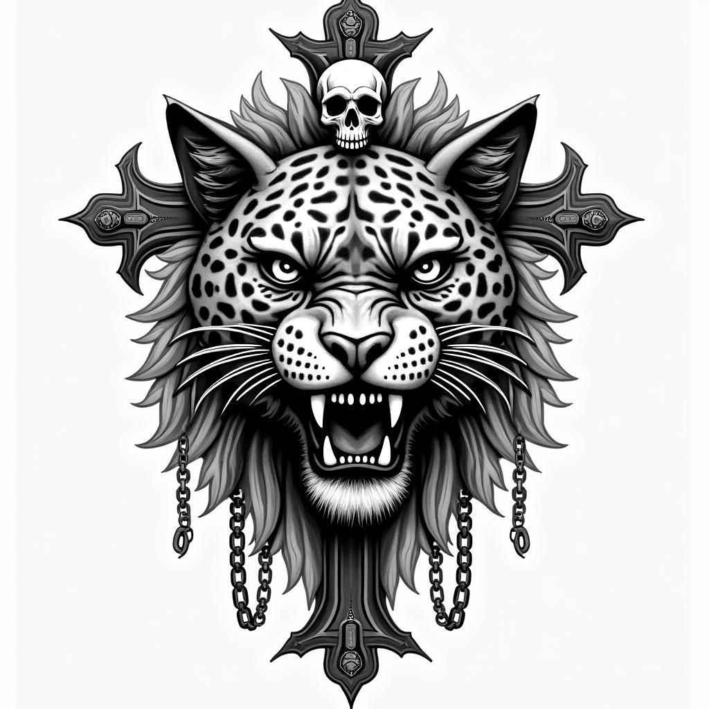 Aztec warrior jaguarin chicano style tattoo, featuring intricate black and grey shading, bold elements of traditional chicano culture symbols, add a big cross with skull, chains and roses