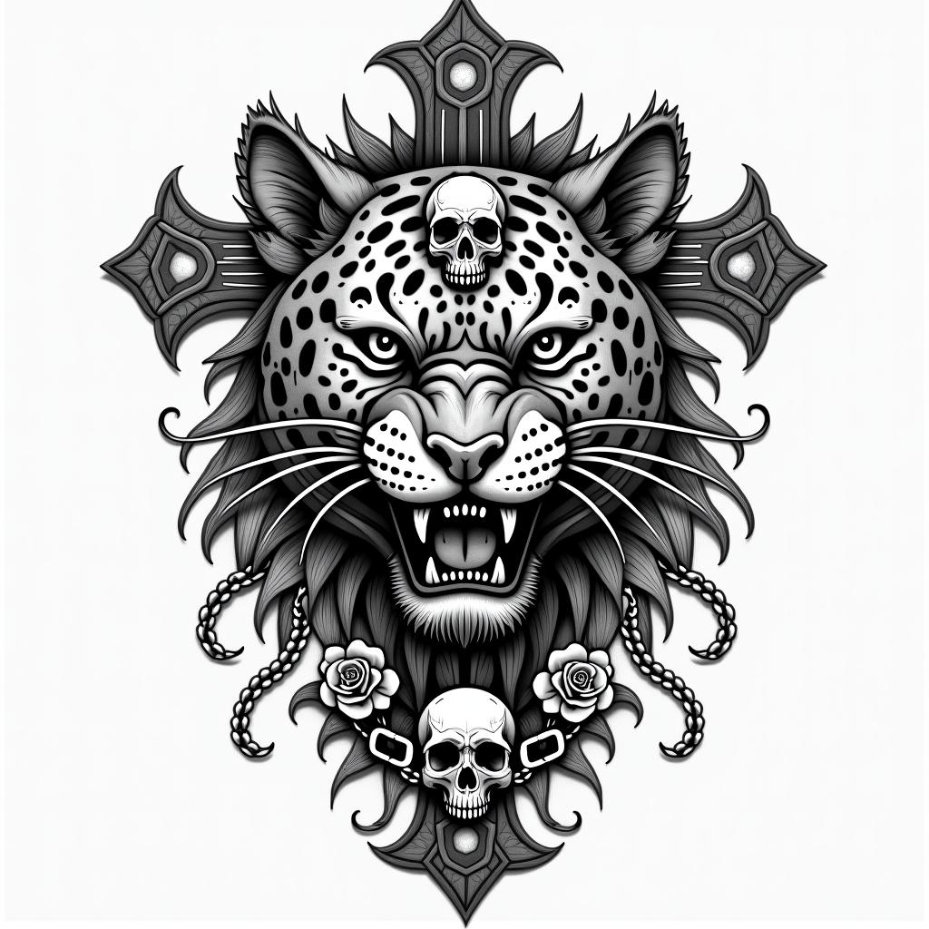 Aztec warrior jaguarin chicano style tattoo, featuring intricate black and grey shading, bold elements of traditional chicano culture symbols, add a big cross with skull, chains and roses - Variation 3