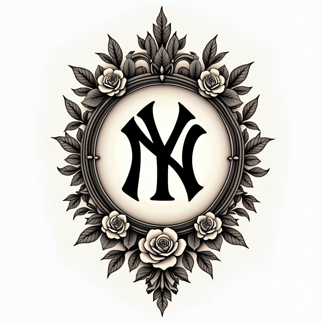 New York Yankees emblemin victorian style tattoo, featuring vintage and elegant elements, ornate frames, roses, antique, sepia-toned color scheme