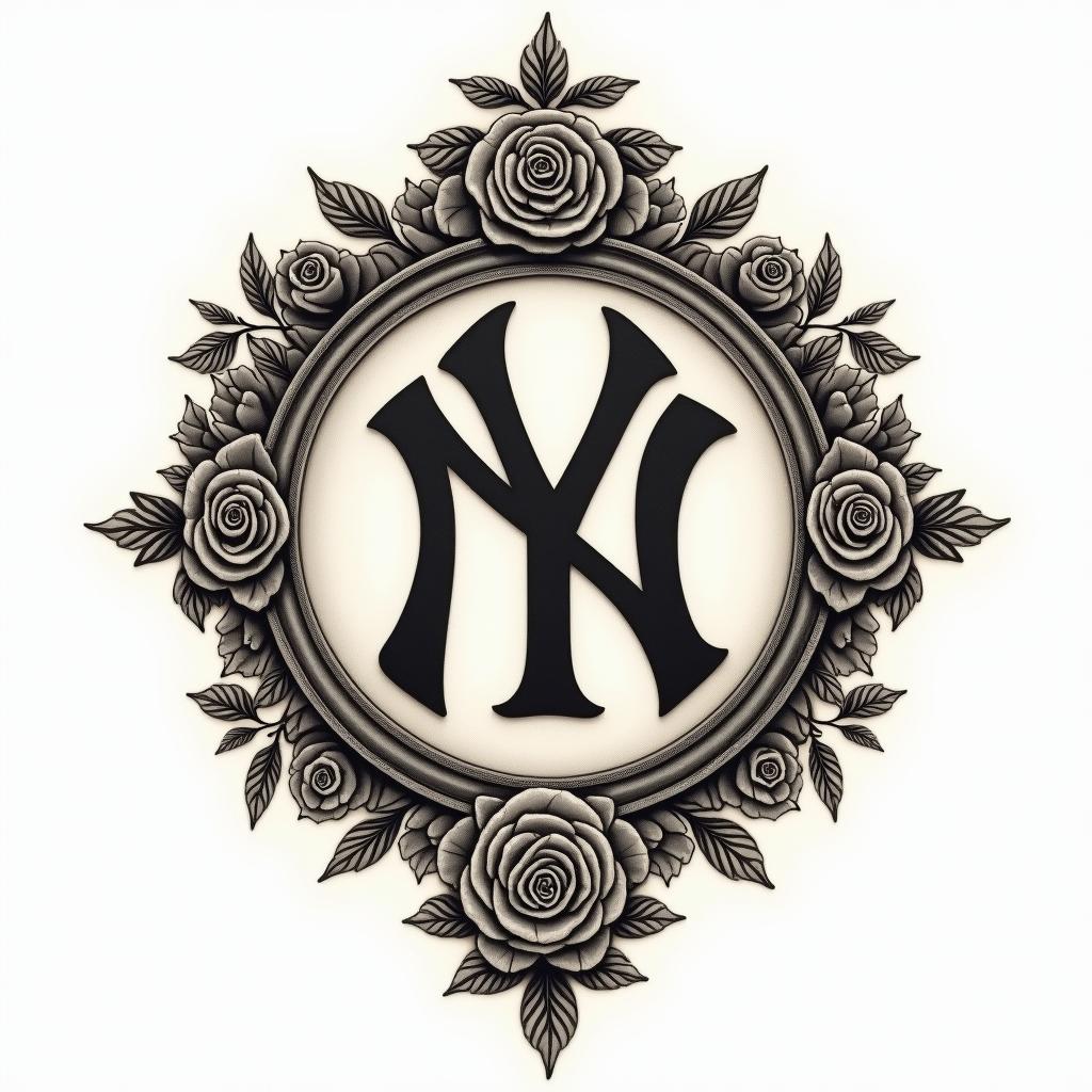 New York Yankees emblemin victorian style tattoo, featuring vintage and elegant elements, ornate frames, roses, antique, sepia-toned color scheme - Variation 2