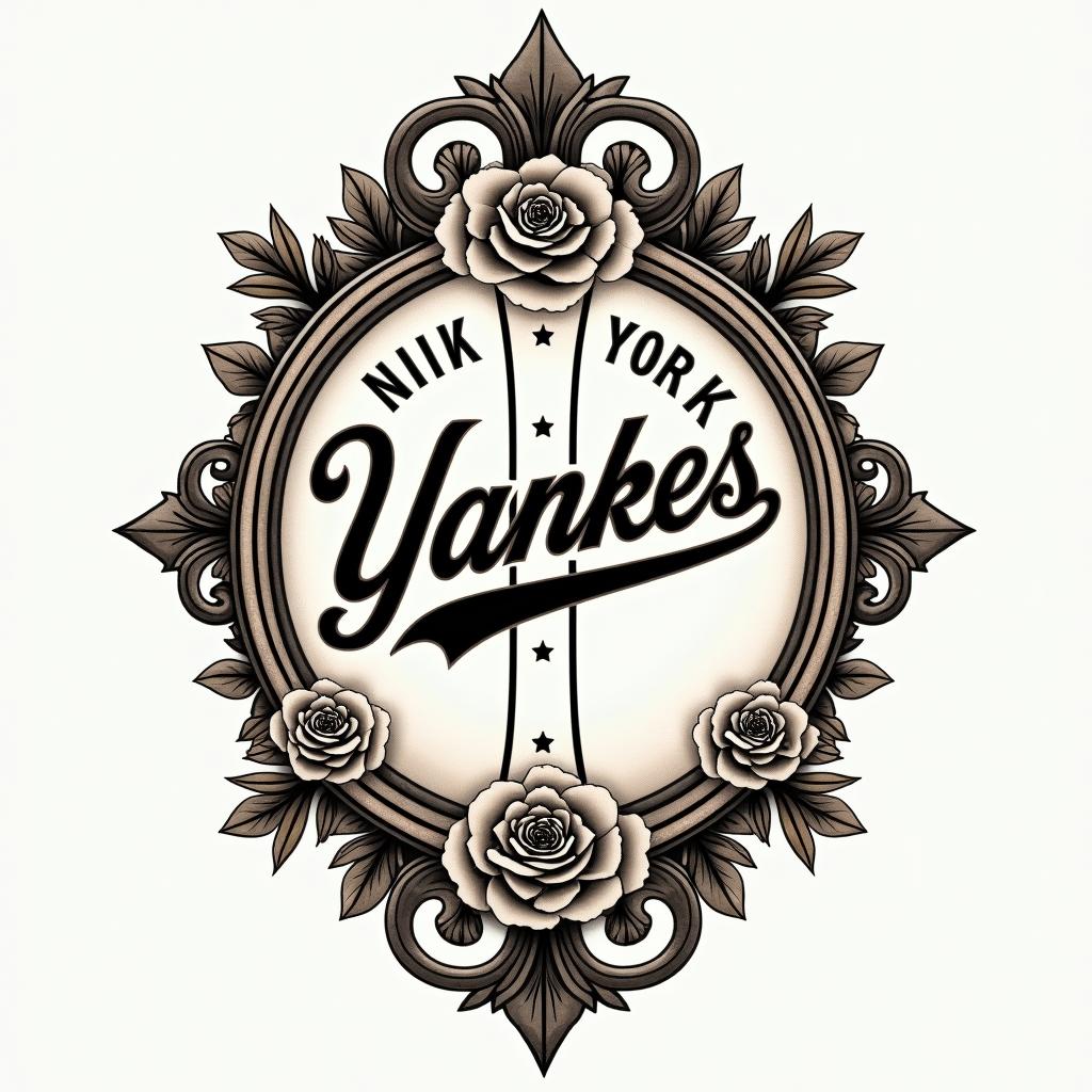 New York Yankees emblemin victorian style tattoo, featuring vintage and elegant elements, ornate frames, roses, antique, sepia-toned color scheme - Variation 4