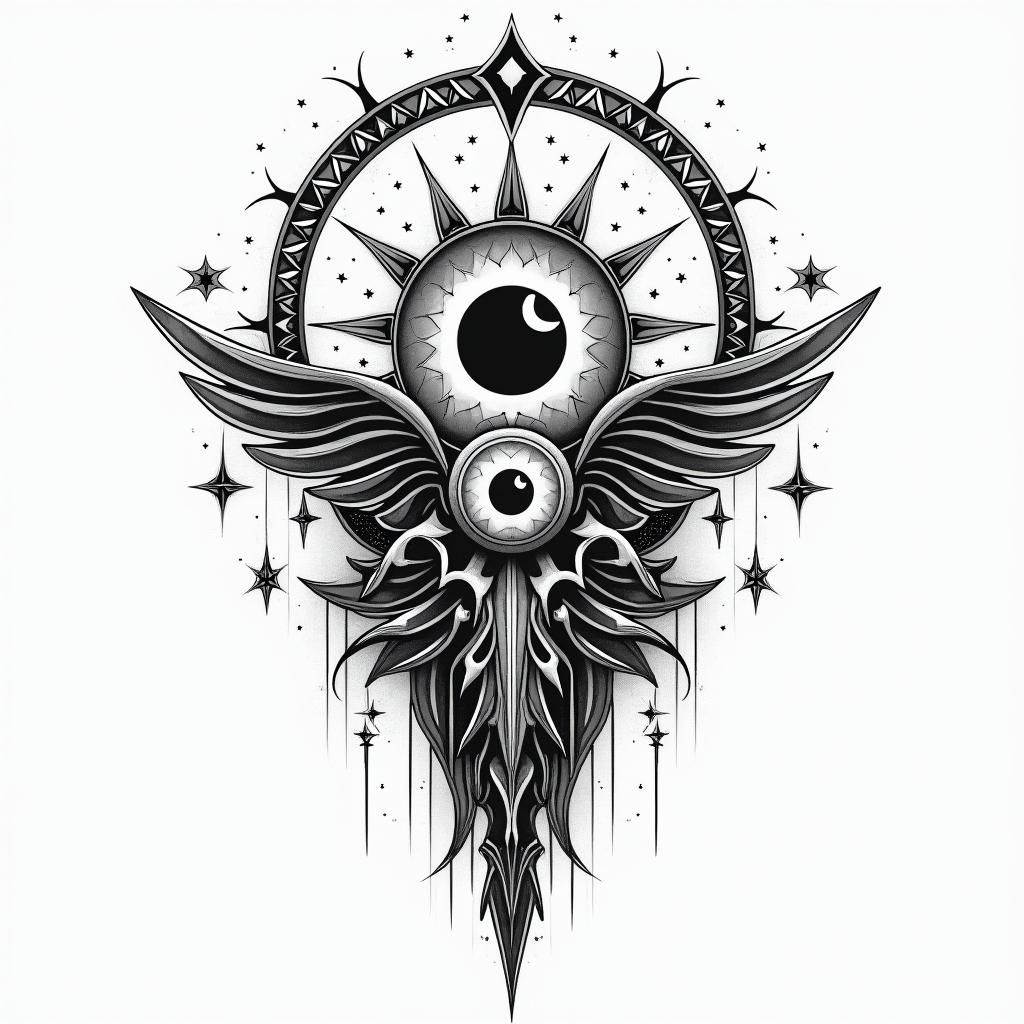 Ryne, aries, nashvillein prophecy tattoo style, featuring mystical symbols, celestial imagery like stars, moons, suns, geometric patterns, foretelling elements, an eye of wisdom