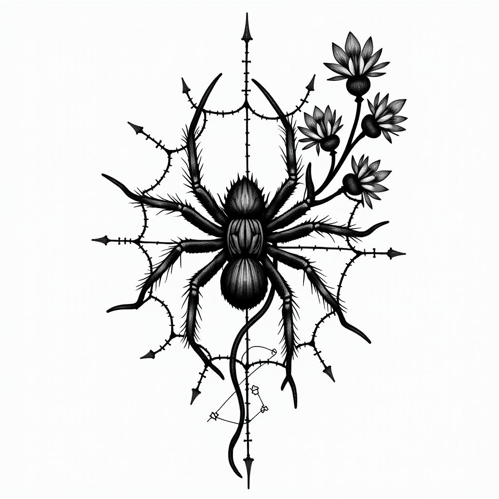 Small spider on web with flowers with stemin authentic tattoo style, incorporating traditional modifications, bold black outlines, solid color fills, featuring classic authentic elements - Variation 14