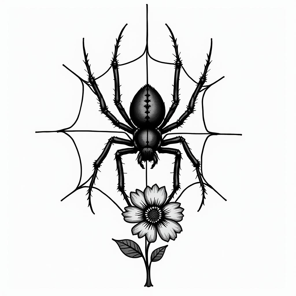 Small spider on web with flowers with stemin authentic tattoo style, incorporating traditional modifications, bold black outlines, solid color fills, featuring classic authentic elements - Variation 13