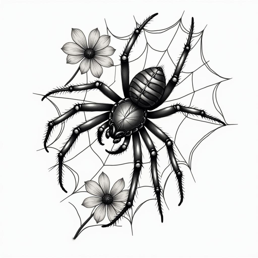 Small spider on web with flowers with stemin authentic tattoo style, incorporating traditional modifications, bold black outlines, solid color fills, featuring classic authentic elements - Variation 16