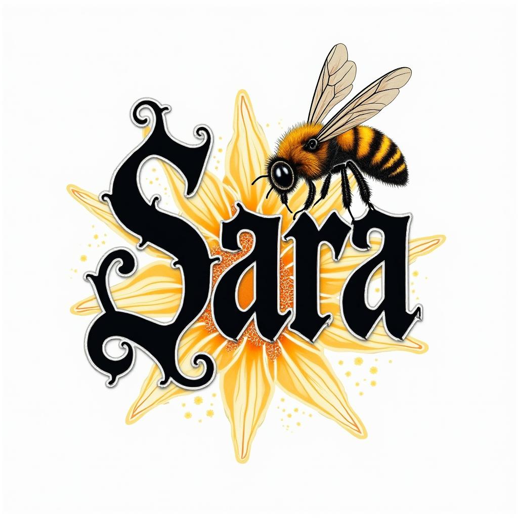 Name SARA with honeybee backgroundtext-based tattoo, gothic font ultra-realistic, perfectly placed, high-quality font design, photo-realistic shading, 8k, high quality, finely detailed typography - Variation 3