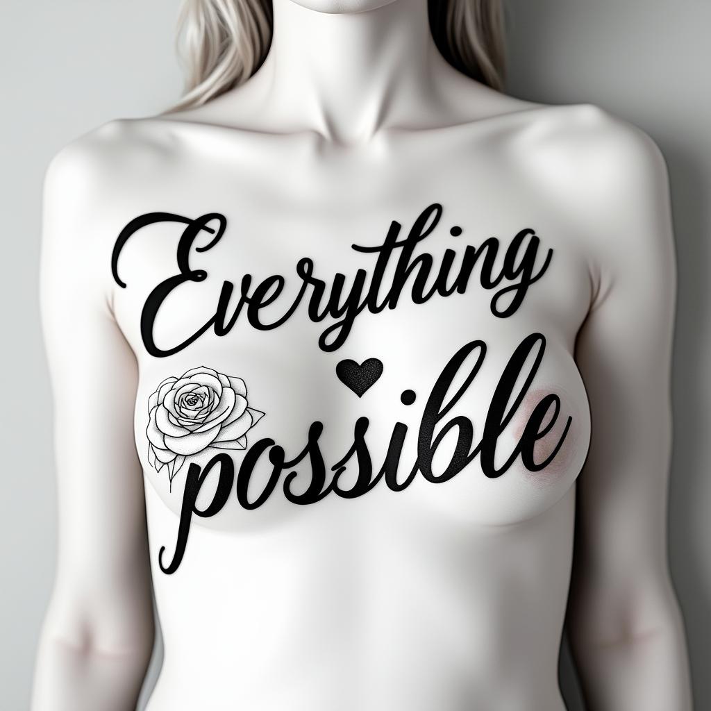 Everything is possiblein elegant cursive calligraphy style 2d tattoo, decorate with roses, featuring a smooth and flowing handwritten script with slightly thickened strokes for a luxurious and bold appearance,  heart symbol between names,  sleek and glossy black text with shadowing, minimalist matte white background, clean and sharp edges, illuminated with soft lighting, romantic, 8k, high-quality textures with refined typography