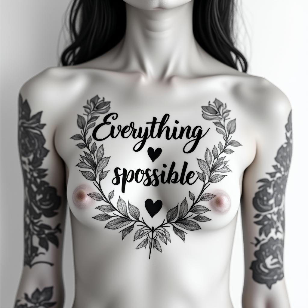 Everything is possiblein elegant cursive calligraphy style 2d tattoo, decorate with roses, featuring a smooth and flowing handwritten script with slightly thickened strokes for a luxurious and bold appearance,  heart symbol between names,  sleek and glossy black text with shadowing, minimalist matte white background, clean and sharp edges, illuminated with soft lighting, romantic, 8k, high-quality textures with refined typography - Variation 4