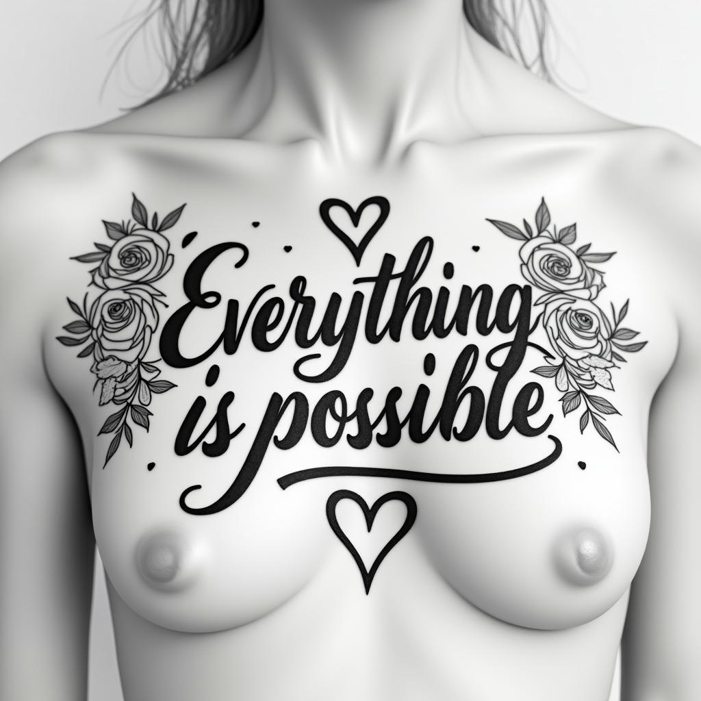 Everything is possiblein elegant cursive calligraphy style 2d tattoo, decorate with roses, featuring a smooth and flowing handwritten script with slightly thickened strokes for a luxurious and bold appearance,  heart symbol between names,  sleek and glossy black text with shadowing, minimalist matte white background, clean and sharp edges, illuminated with soft lighting, romantic, 8k, high-quality textures with refined typography - Variation 3