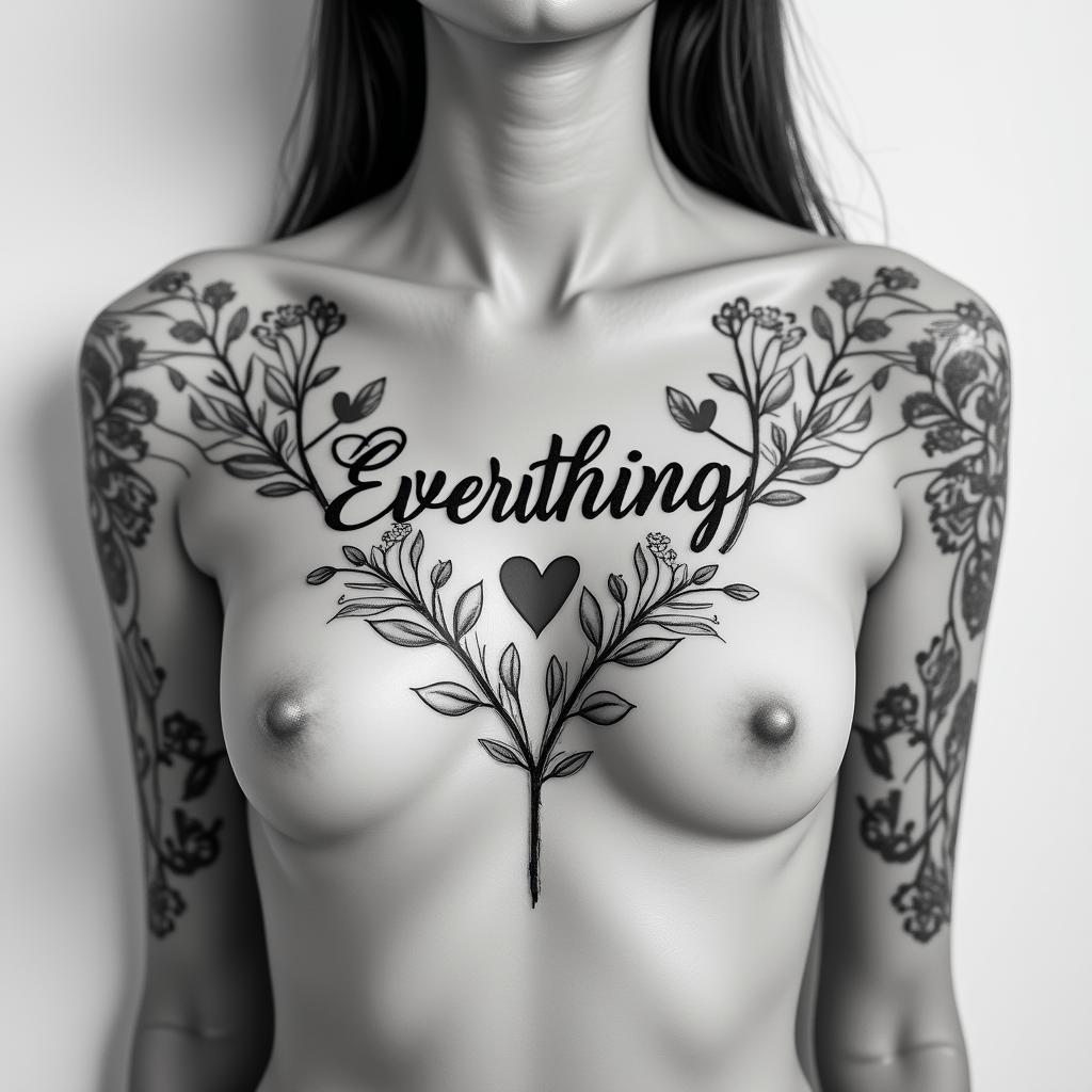 Everything is possiblein elegant cursive calligraphy style 2d tattoo, decorate with roses, featuring a smooth and flowing handwritten script with slightly thickened strokes for a luxurious and bold appearance,  heart symbol between names,  sleek and glossy black text with shadowing, minimalist matte white background, clean and sharp edges, illuminated with soft lighting, romantic, 8k, high-quality textures with refined typography - Variation 2