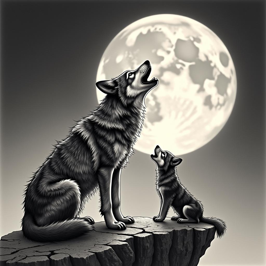 Howling wolf and cub under a full moon on a cliffin authentic tattoo style, incorporating traditional modifications, bold black outlines, solid color fills, featuring classic authentic elements - Variation 3
