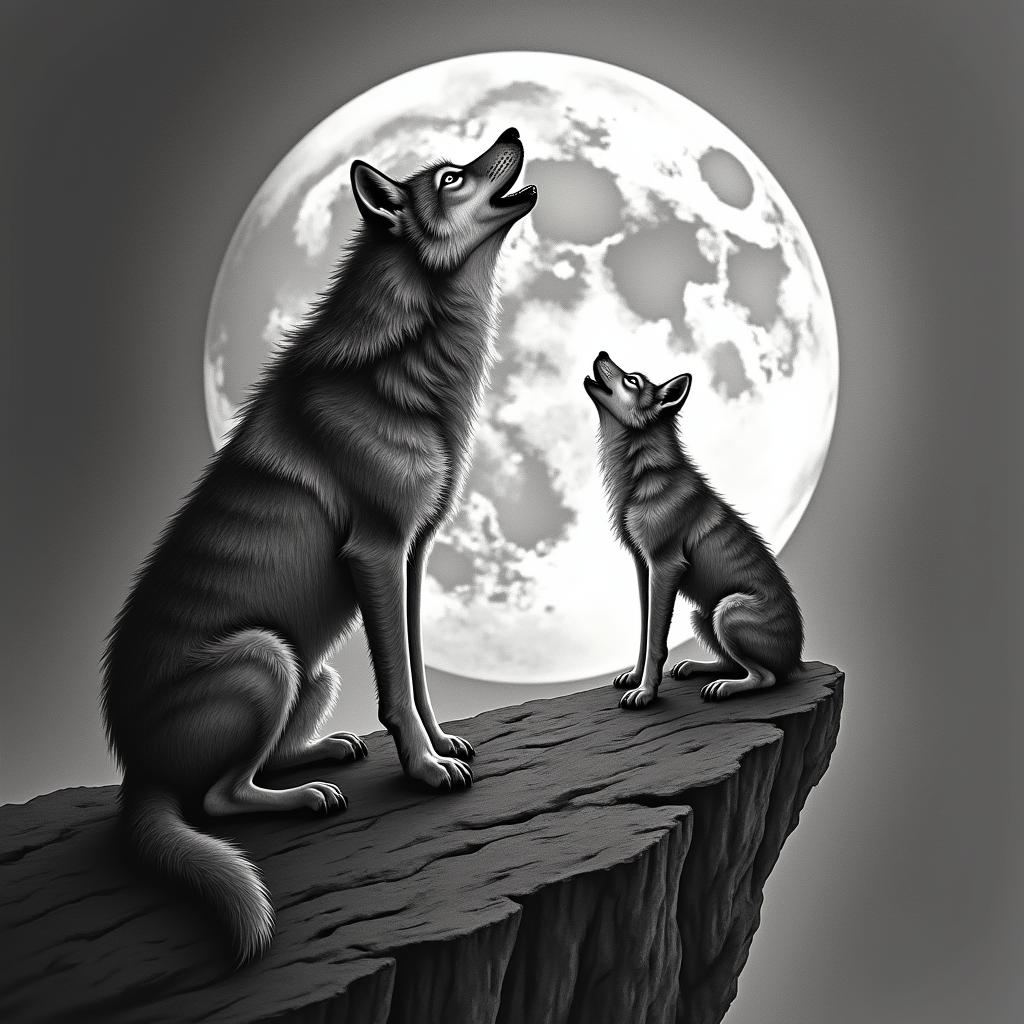 Howling wolf and cub under a full moon on a cliffin authentic tattoo style, incorporating traditional modifications, bold black outlines, solid color fills, featuring classic authentic elements