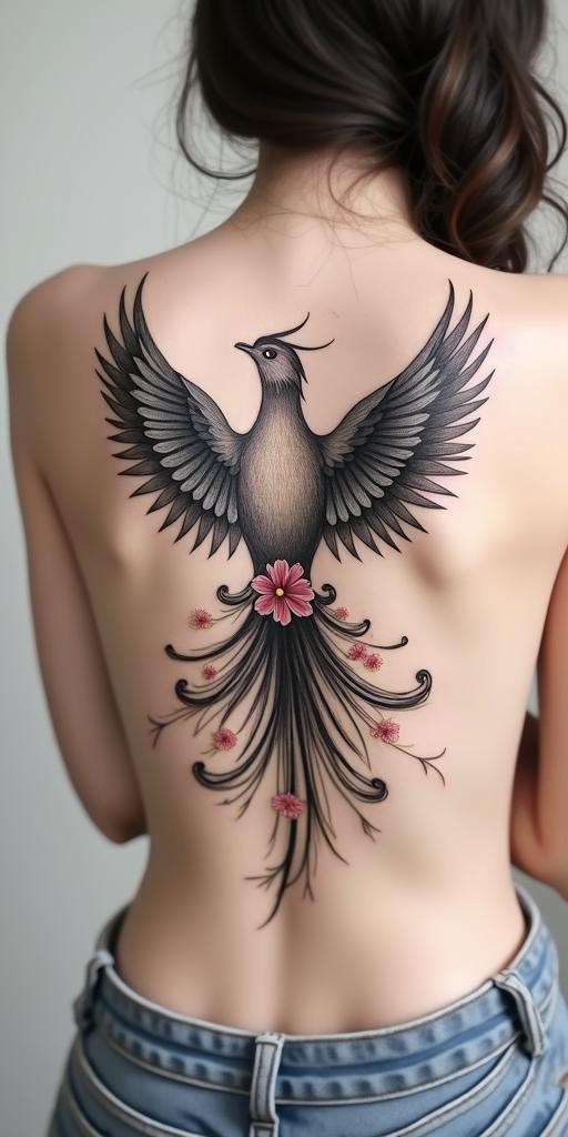 Phoenix bird with wildflowers as wings, clean lines, geometricin minimalist style tattoo, featuring simple shapes and fine lines, with minimal shading and details, tiny triangles, creating a sense of balance and harmony - Variation 4