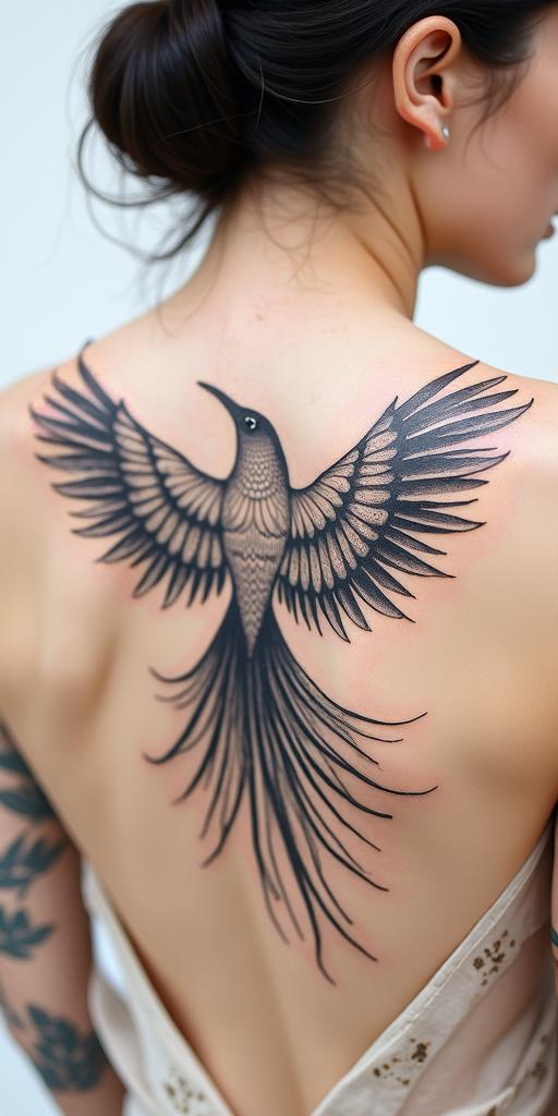 Phoenix bird with wildflowers as wings, clean lines, geometricin minimalist style tattoo, featuring simple shapes and fine lines, with minimal shading and details, tiny triangles, creating a sense of balance and harmony