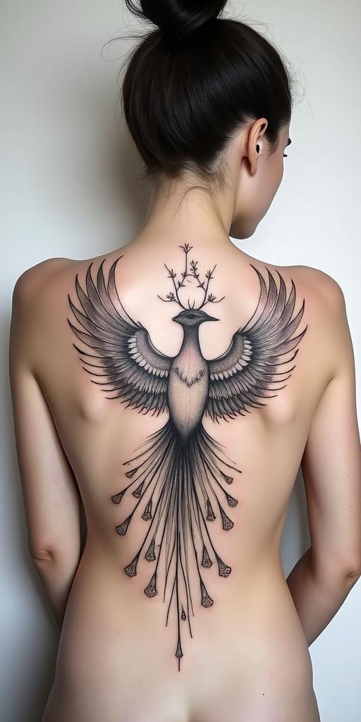 Phoenix bird with wildflowers as wings, clean lines, geometricin minimalist style tattoo, featuring simple shapes and fine lines, with minimal shading and details, tiny triangles, creating a sense of balance and harmony - Variation 3