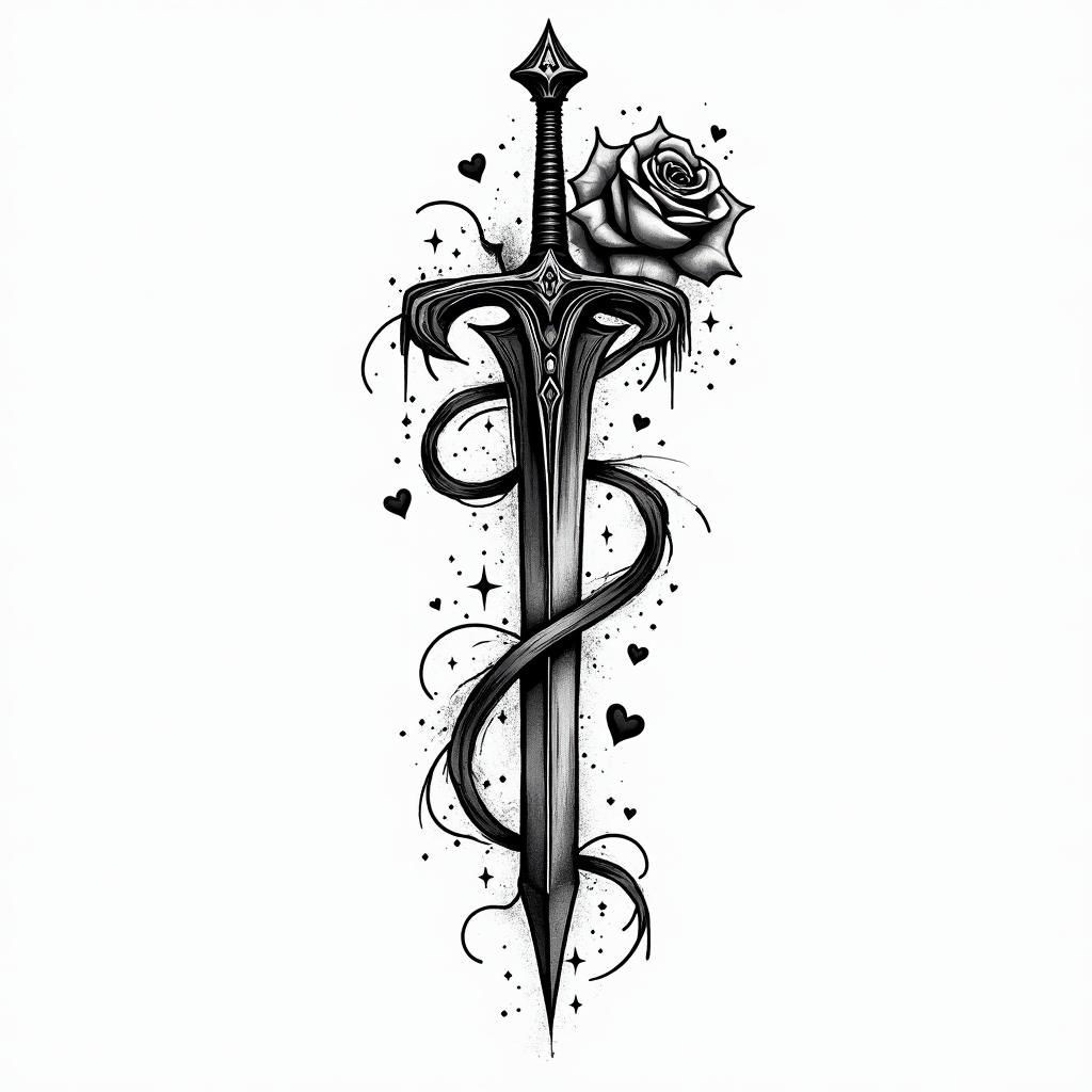 Sword with rosein graffiti style tattoo, featuring bold and dynamic street art elements, spray-paint texture with exaggerated lines and expressive, chaotic brushstrokes, intricate lettering incorporated with graffiti tags, symbols like hearts, stars, and wings