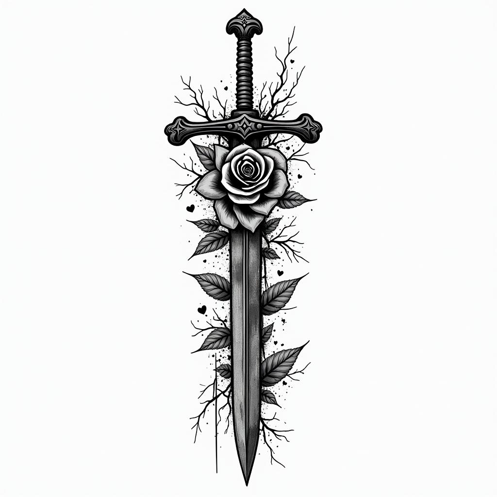 Sword with rosein graffiti style tattoo, featuring bold and dynamic street art elements, spray-paint texture with exaggerated lines and expressive, chaotic brushstrokes, intricate lettering incorporated with graffiti tags, symbols like hearts, stars, and wings - Variation 2