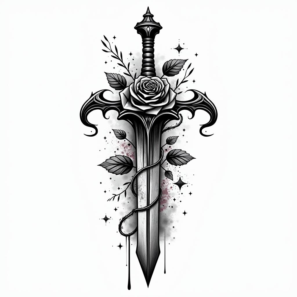 Sword with rosein graffiti style tattoo, featuring bold and dynamic street art elements, spray-paint texture with exaggerated lines and expressive, chaotic brushstrokes, intricate lettering incorporated with graffiti tags, symbols like hearts, stars, and wings - Variation 4