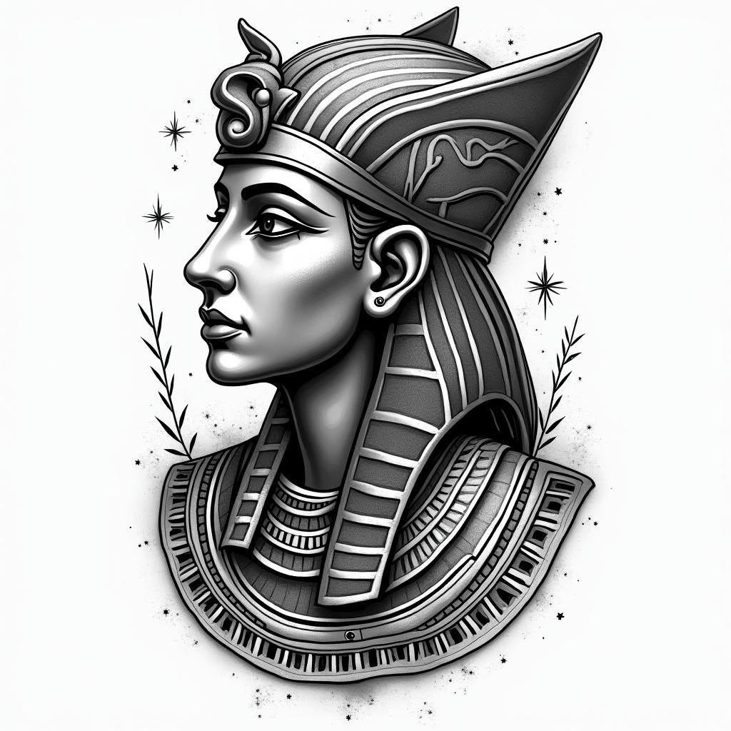 Knowledgein egyptian style tattoo, bold elements of ancient egyptian culture including a portrait of an Egyptian pharaoh with detailed facial features, in hieroglyphs and symbolic imagery, eye of horus, ankh symbol, scarab beetle - Variation 2