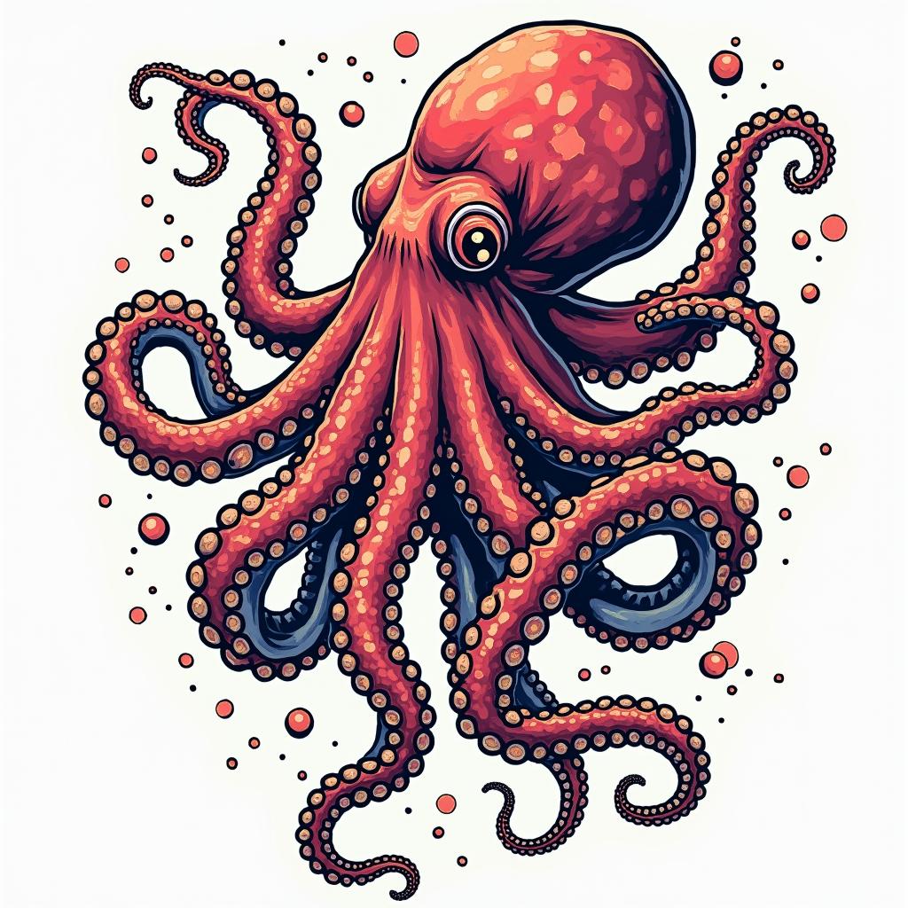 Octopus x jellyfishin pop art style tattoo, featuring bold and vibrant colors, exaggerated outlines, iconic imagery, inspired by comic books and speech bubbles, comic book characters, retro pop culture - Variation 4