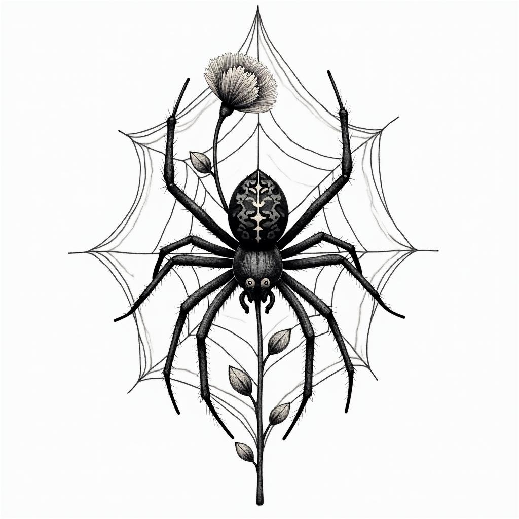 Small spider on web with flowers with stemhigly detailed tattoo