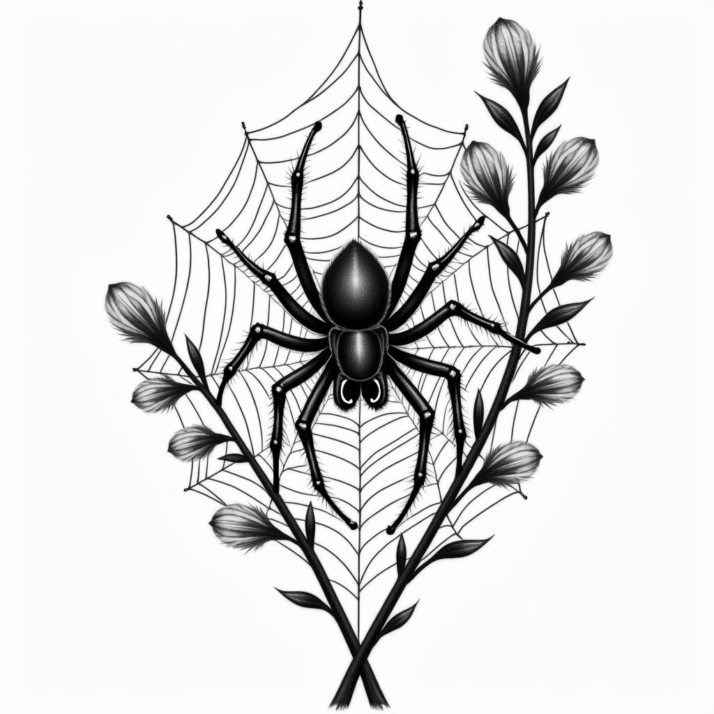 Small spider on web with flowers with stemhigly detailed tattoo - Variation 2