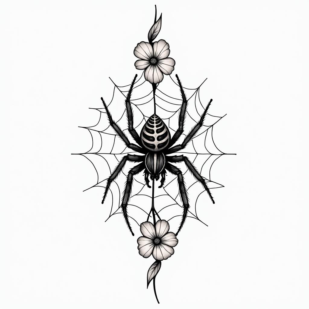 Small spider on web with flowers with stemhigly detailed tattoo - Variation 3