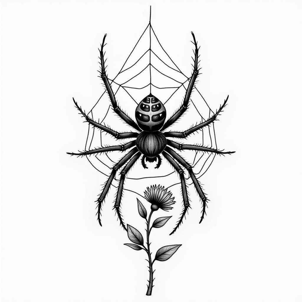 Small spider on web with flowers with stemhigly detailed tattoo - Variation 4