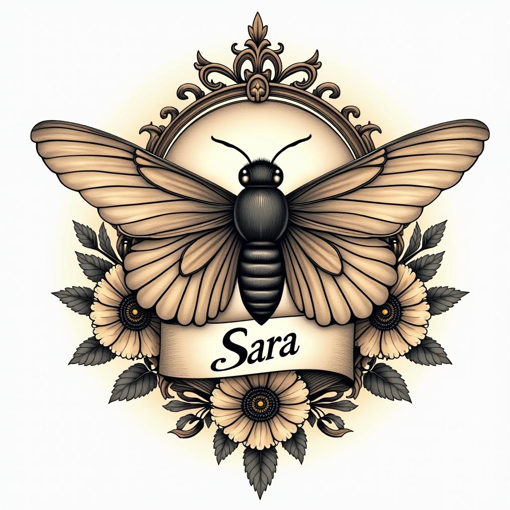 Name SARA with honeybee backgroundin victorian style tattoo, featuring vintage and elegant elements, ornate frames, roses, antique, sepia-toned color scheme - Variation 4