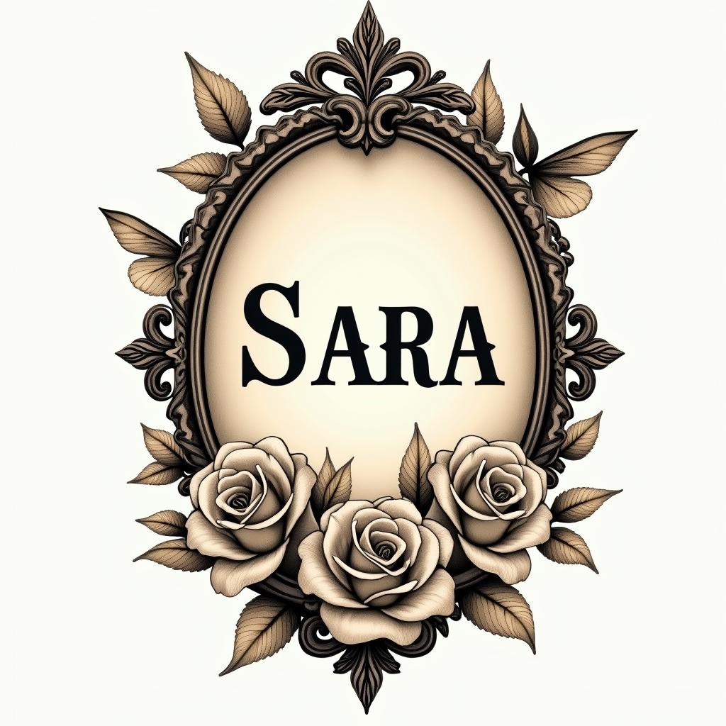 Name SARA with honeybee backgroundin victorian style tattoo, featuring vintage and elegant elements, ornate frames, roses, antique, sepia-toned color scheme