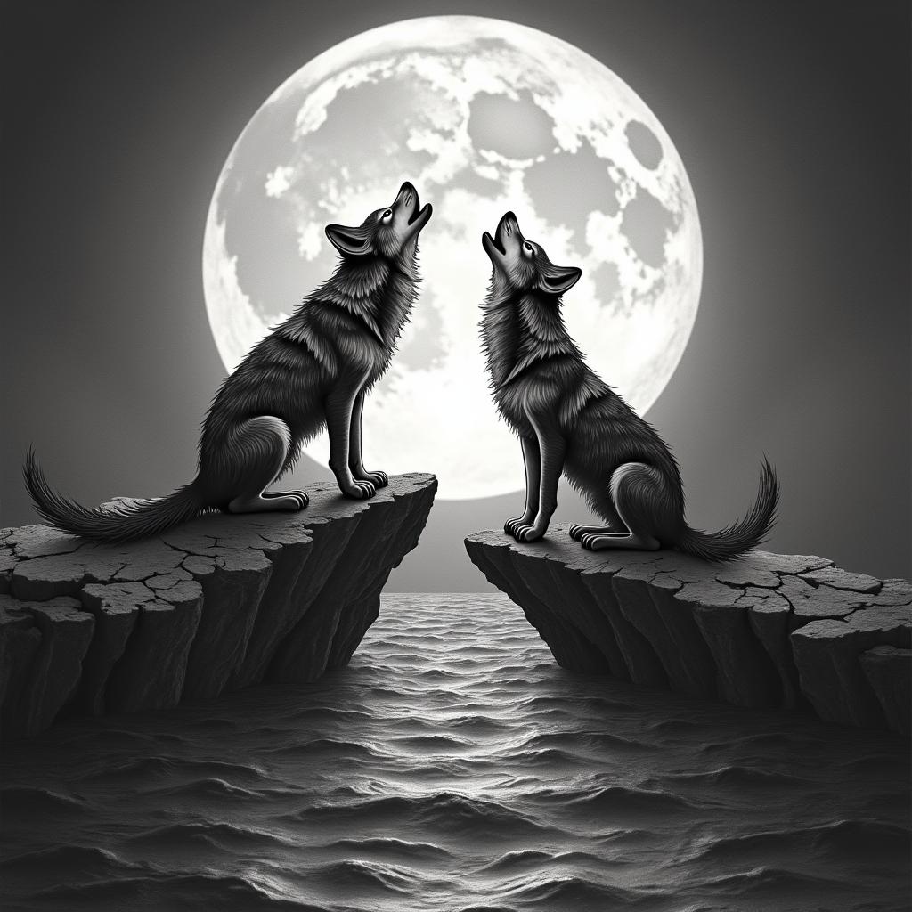 Howling wolf and cub under a full moon on a cliff overlooking the waterin authentic tattoo style, incorporating traditional modifications, bold black outlines, solid color fills, featuring classic authentic elements - Variation 2