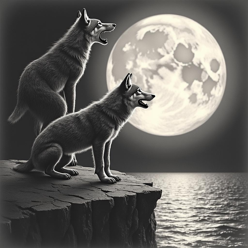 Howling wolf and cub under a full moon on a cliff overlooking the waterin authentic tattoo style, incorporating traditional modifications, bold black outlines, solid color fills, featuring classic authentic elements - Variation 3