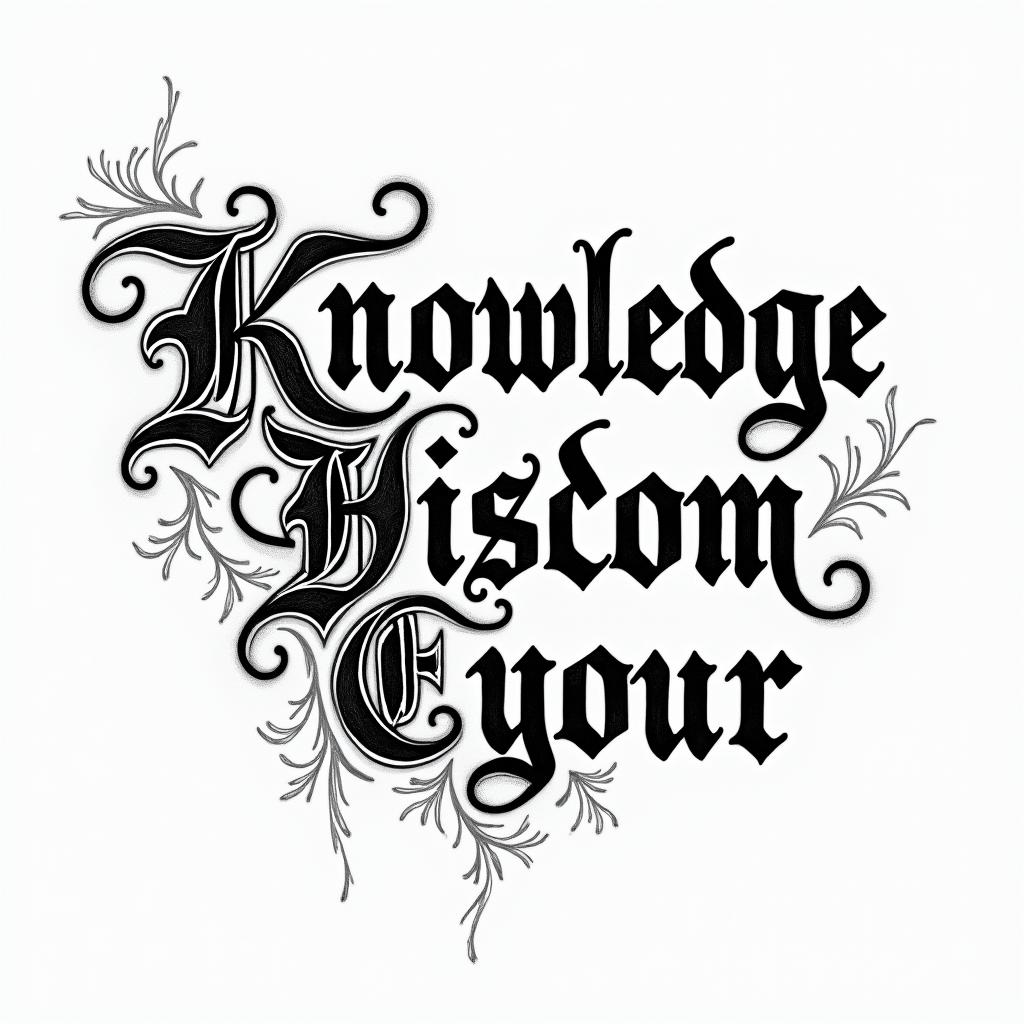 Knowledge wisdom understandingtext-based tattoo, gothic font ultra-realistic, perfectly placed, high-quality font design, photo-realistic shading, 8k, high quality, finely detailed typography - Variation 4