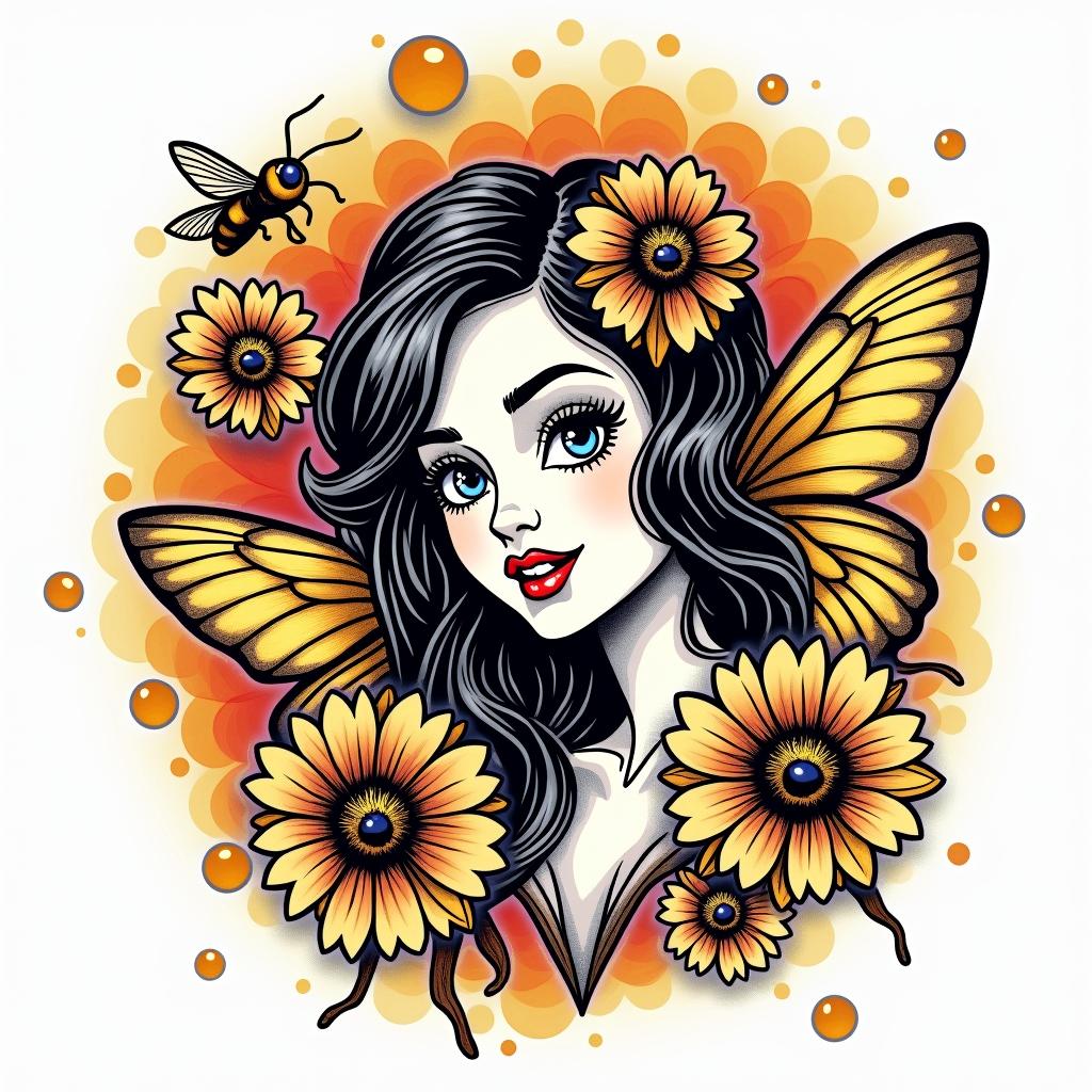 Name SARA with honeybee backgroundin pop art style tattoo, featuring bold and vibrant colors, exaggerated outlines, iconic imagery, inspired by comic books and speech bubbles, comic book characters, retro pop culture - Variation 4